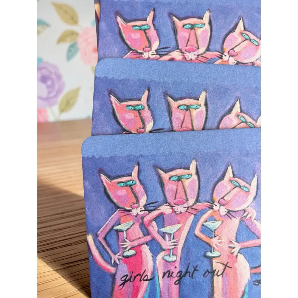 PaperKraft Girls Night Out Cat Coasters Set of 8 Pink Cats Cocktail Bar Decor